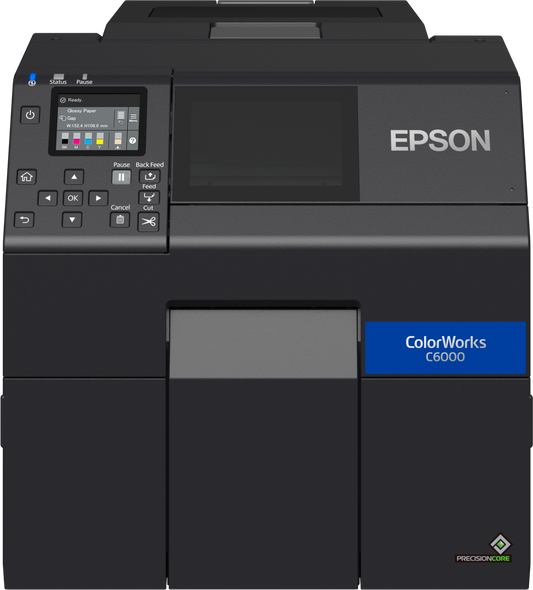 Epson ColorWorks C6000Ae colour label printer, 4-inch, auto cutter, gloss black ink, 1200 x 1200 dpi, inkjet (C31CH76102) – front view