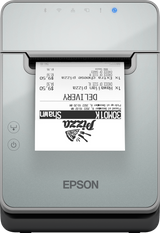 Epson TM-L100 liner-free label and receipt printer, black, USB + Ethernet + Bluetooth (C31CJ52121) – front view with printed label