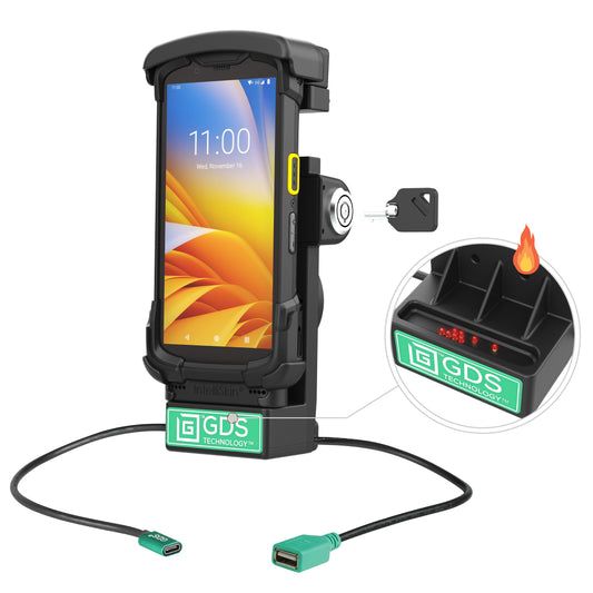 RAM Mounts GDS key-locking powered dock with USB-A and heated pins for Zebra TC73 and TC78 in IntelliSkin – product photo