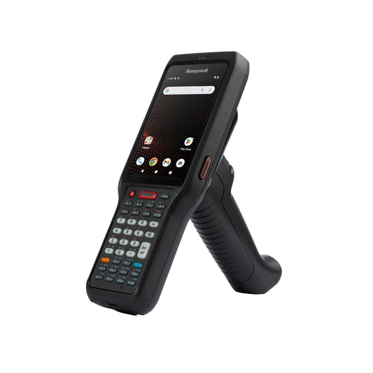 Honeywell CK62 rugged Android mobile computer, 38-key numeric keypad, 2D imager, 5G + Wi-Fi (CK62-X10-5ES1BCG) – angled view with scan handle