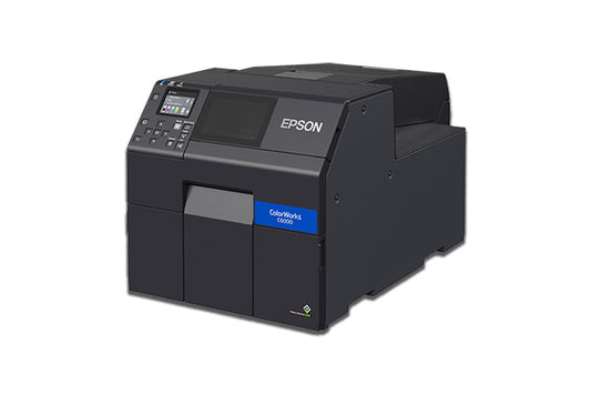 Epson ColorWorks C6000Ae colour label printer, 4-inch, auto cutter, gloss black ink, 1200 x 1200 dpi, inkjet (C31CH76102) – angled view