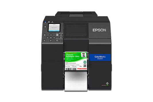 Epson ColorWorks C6000Pe colour label printer, 4-inch, peel-and-present, gloss black ink, 1200 x 1200 dpi, inkjet (C31CH76202) – front view with peeled label
