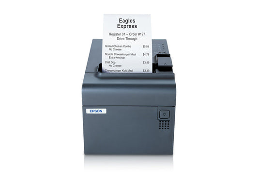 Epson TM-L90 thermal label and receipt printer, dark grey, USB + Ethernet (C31C412465) – angled view