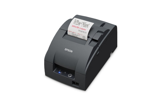 Epson TM-U220IIB impact dot matrix POS receipt printer with autocutter, dark grey (Epson Dark Grey), parallel (C31CL27102P0) – left 3/4 view with receipt