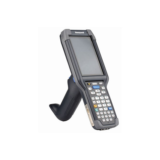 Honeywell CK65 rugged Android mobile computer, 38-key numeric-function keypad, standard range 2D imager, Wi-Fi only (CK65-L0N-DSC210E) – angled view with scan handle