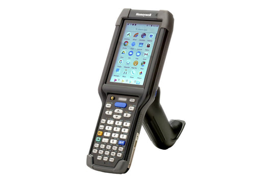 Honeywell CK65 rugged Android mobile computer, 38-key numeric-function keypad, standard range 2D imager, Wi-Fi only (CK65-L0N-DSC210E) – front view with scan handle