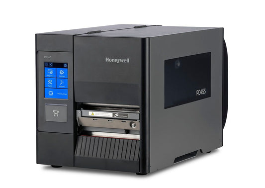 Honeywell PD45S1F industrial label printer, 3.5-inch colour touchscreen, tear bar, 300 dpi, thermal transfer (PD45S1FE010000300) – angled left view