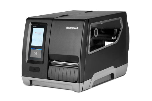 Honeywell PM45 industrial label printer, full touch display, tear bar, 300 dpi, thermal transfer (PM45A12000000300) – angled front view