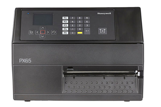 Honeywell PX65 industrial label printer, LCD display with keypad, tear bar, parallel port, 203 dpi, thermal transfer (PX65A00010000200) – front view