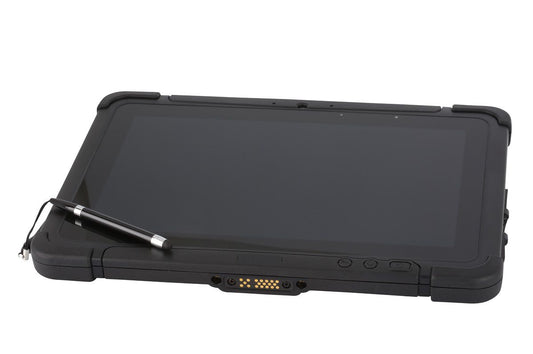 Honeywell RT10A 10.1" rugged Android tablet with N6703 standard-range imager, 4G LTE (RT10A-L1N-17C12S0E) – angled view with stylus