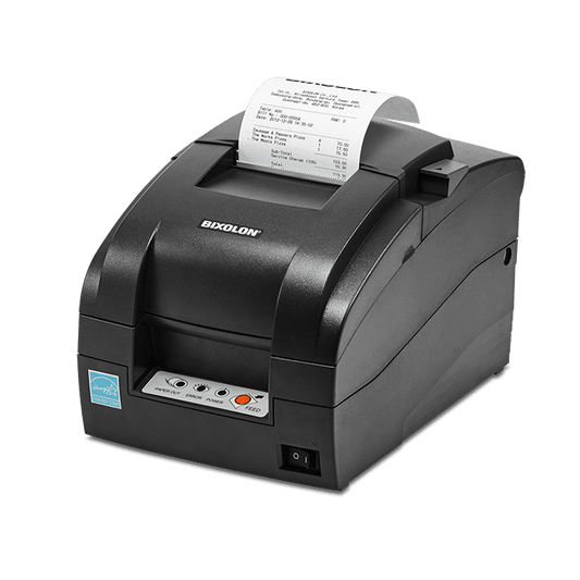 Bixolon SRP-275III dot matrix (impact) receipt printer, auto-cutter, USB + parallel, dark grey (SRP-275IIIAOPG) – 3/4 view printing a receipt
