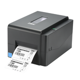 TSC TE200 desktop thermal transfer label printer, 203 dpi, USB, black (99-065A10F-00LF00) – front view with labels