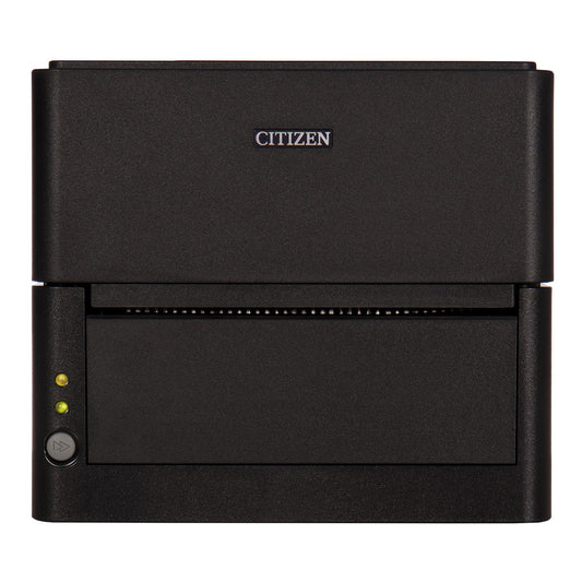 Citizen CL-E303 4-inch direct thermal desktop label printer, 300 dpi, USB, RS-232 and Ethernet, black (CLE303XEBXXX) – front view, black