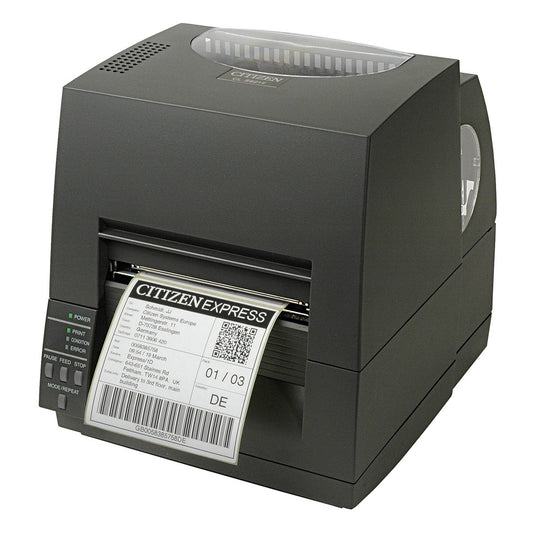 Citizen CL-S621II 4-inch thermal transfer desktop label printer, 203 dpi, USB and RS-232, black (CLS621IINEBXX) – front view