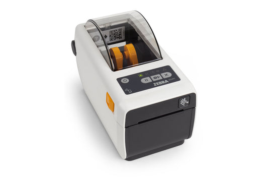 Zebra ZD411-HC healthcare desktop label printer, white, 203 dpi, USB + Ethernet (ZD4AH22-D0EE00EZ) – front view