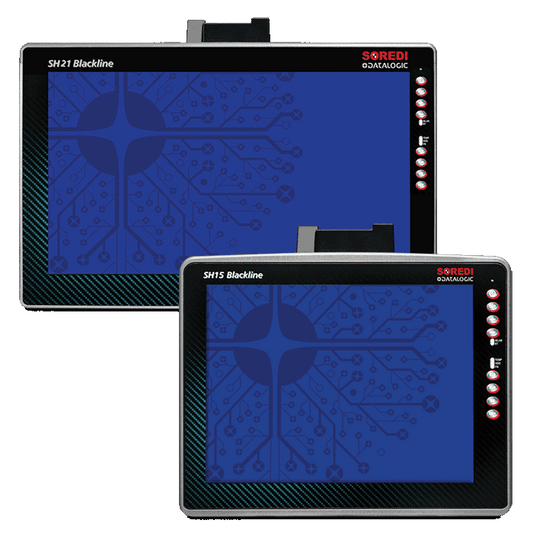 Datalogic SH15 Blackline 15-inch vehicle-mount computer, Intel quad-core, Windows 10 IoT Enterprise (94S111235) – front view shown with the SH21 Blackline