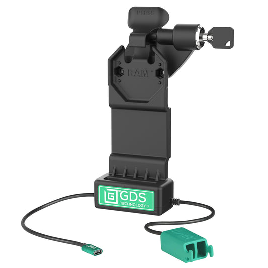 RAM Mounts GDS Uni-Conn right-locking tablet dock + dual USB-A with release lever – product photo