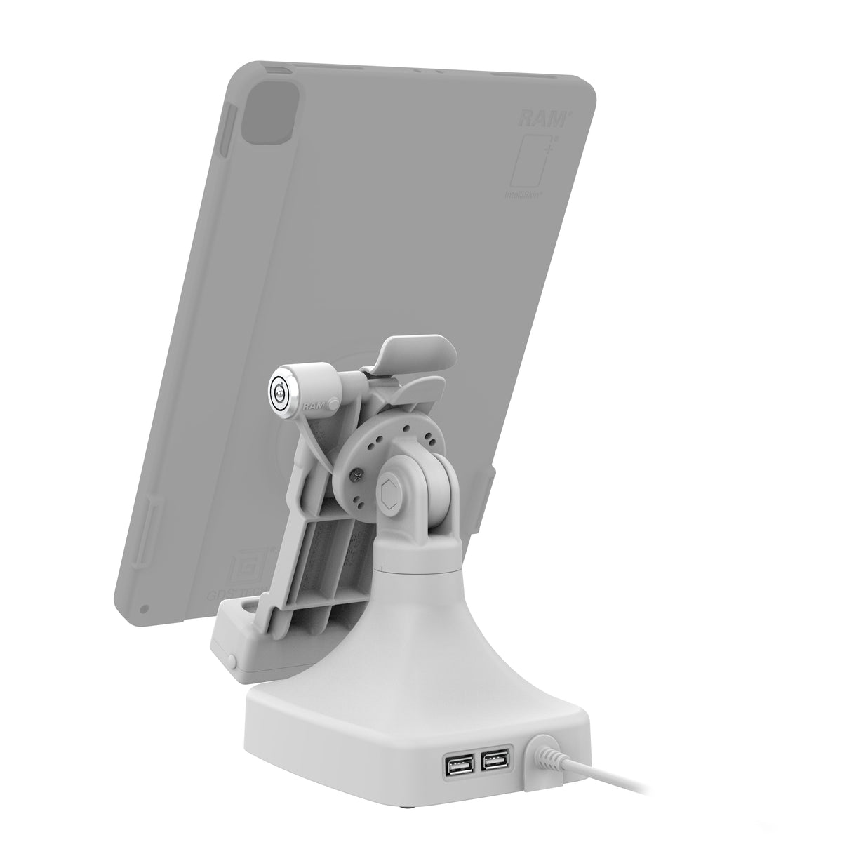 RAM Mounts GDS key-locking tilt and swivel dock with PoE and two USB-A ports for IntelliSkin tablets with Uni-Conn adapter in grey – detail photo