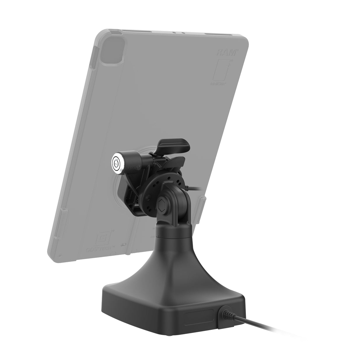 RAM Mounts GDS key-locking tilt and swivel dock with USB-C for IntelliSkin Thin-Case tablets with rear pogo pads – detail photo