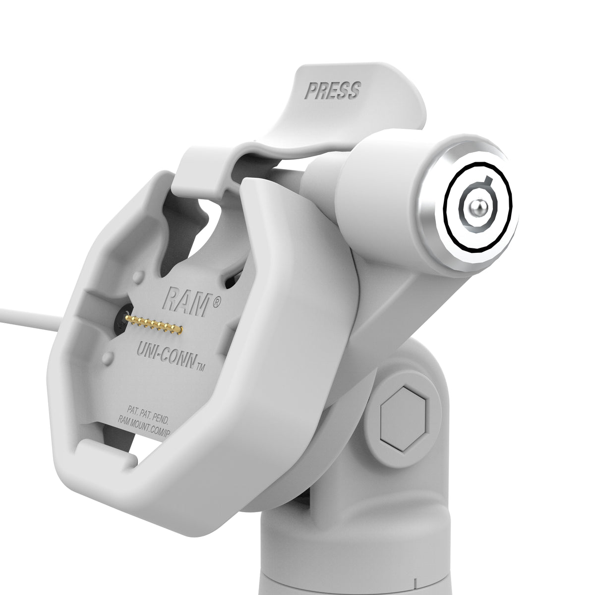 RAM Mounts GDS key-locking tilt and swivel dock with PoE and two USB-A ports for IntelliSkin Thin-Case tablets with rear pogo pads in grey – further product photo