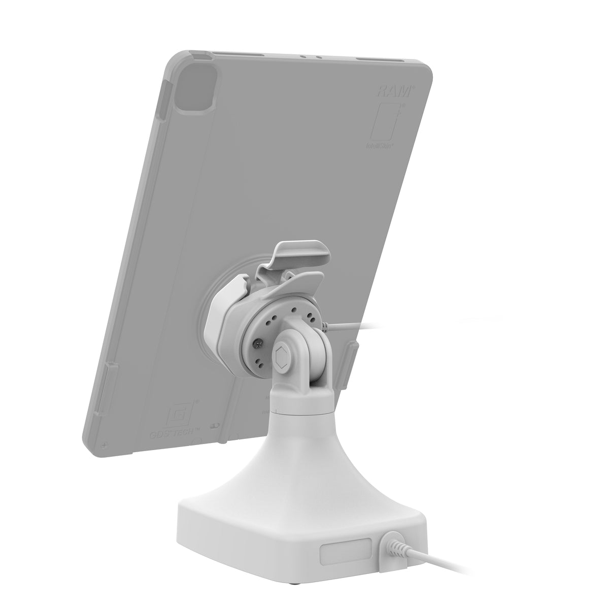 RAM Mounts GDS tilt and swivel dock with USB-C for IntelliSkin Thin-Case tablets with rear pogo pads in grey – detail photo