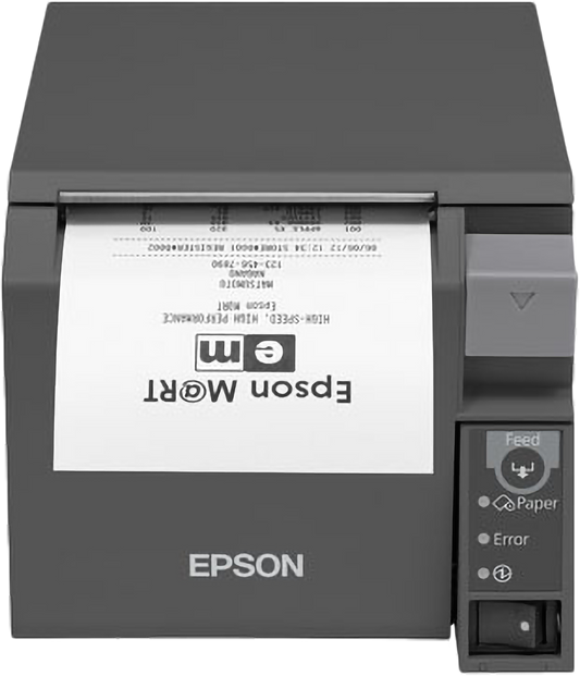 Epson TM-T70II front-loading POS receipt printer, dark grey, serial + USB (C31CD38032) – front view with printed receipt