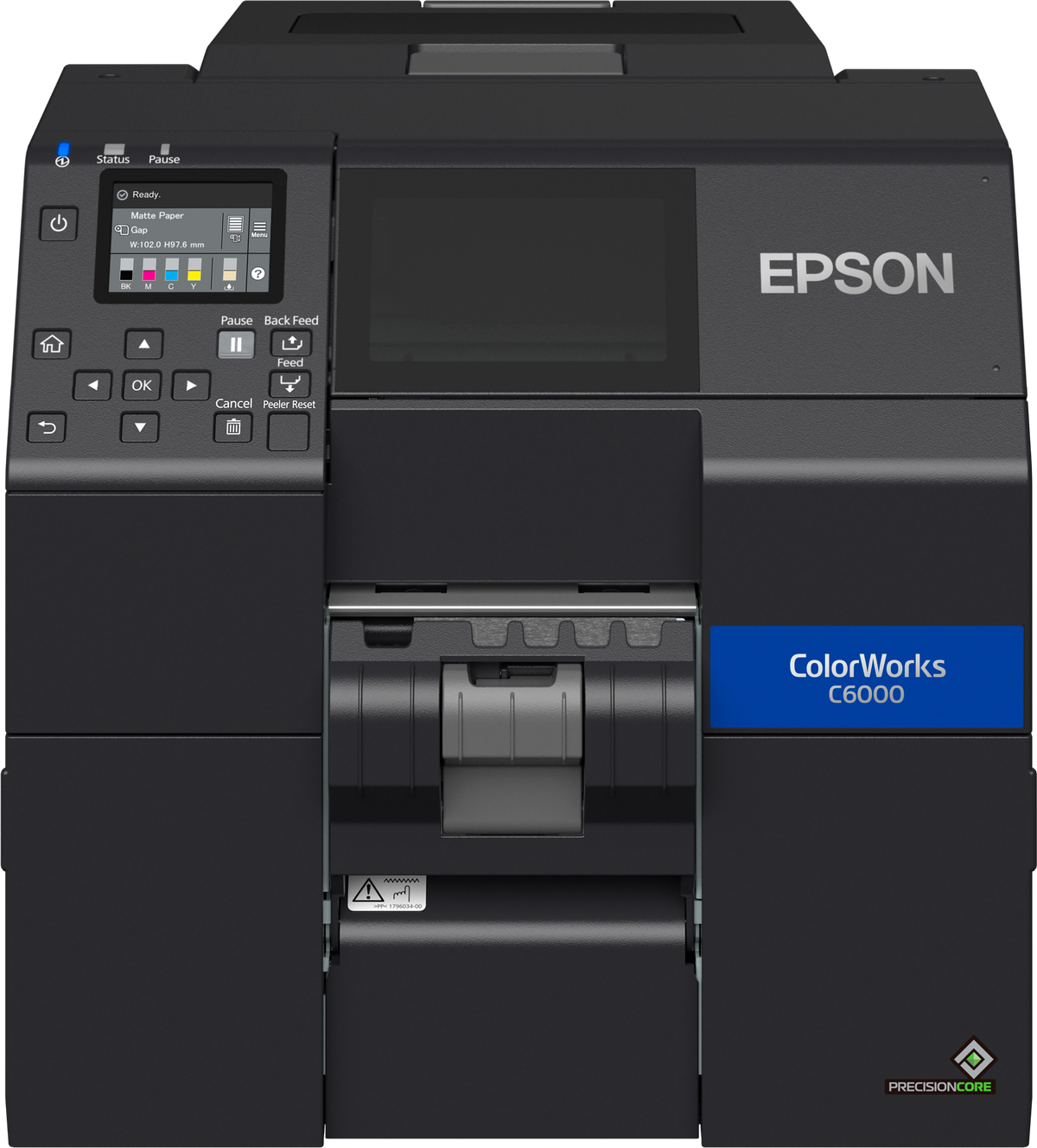 Epson ColorWorks C6000Pe colour label printer, 4-inch, peel-and-present, gloss black ink, 1200 x 1200 dpi, inkjet (C31CH76202) – front view with peeler