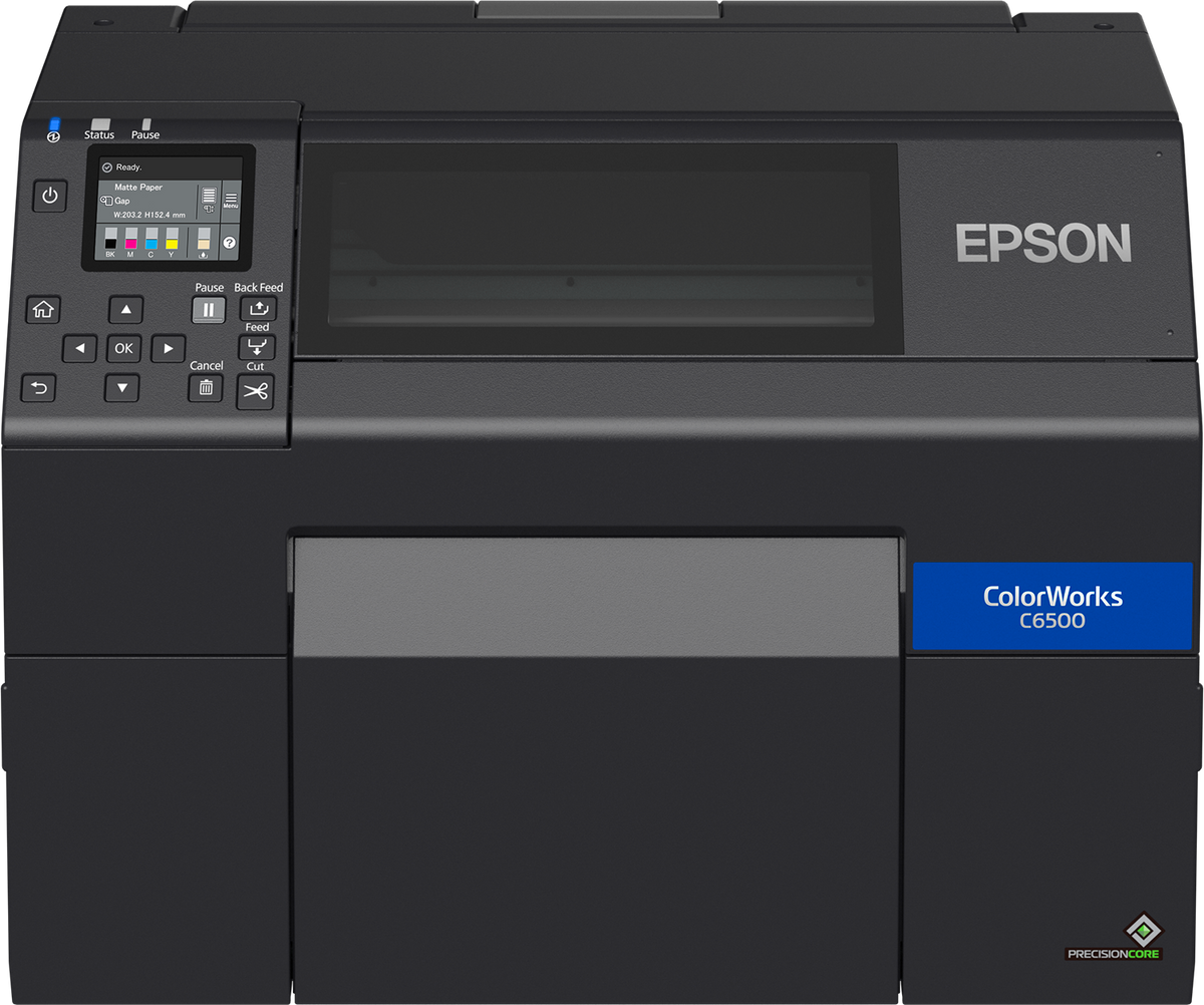 Epson ColorWorks C6500Ae colour label printer, 8-inch, auto cutter, gloss black ink, 1200 x 1200 dpi, inkjet (C31CH77102) – front view