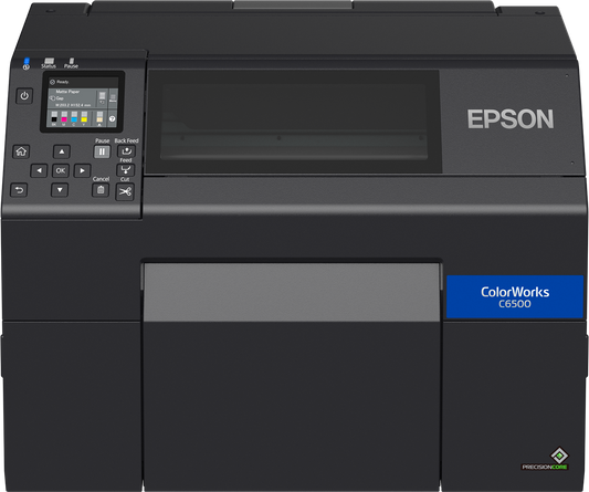 Epson ColorWorks C6500Ae colour label printer, 8-inch, auto cutter, matte black ink, 1200 x 1200 dpi, inkjet (C31CH77102MK) – front view