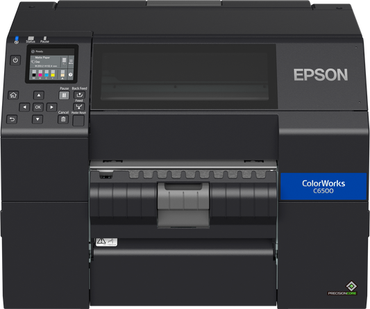 Epson ColorWorks C6500Pe colour label printer, 8-inch, peel-and-present, gloss black ink, 1200 x 1200 dpi, inkjet (C31CH77202) – front view with peeler