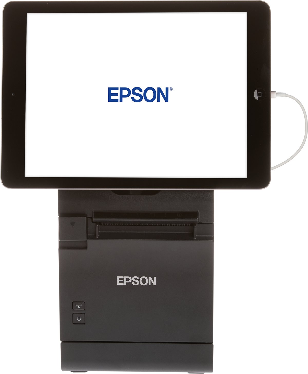 Epson TM-m30II-S tablet POS receipt printer with integrated stand, black (C31CH63012) – with tablet mounted on top