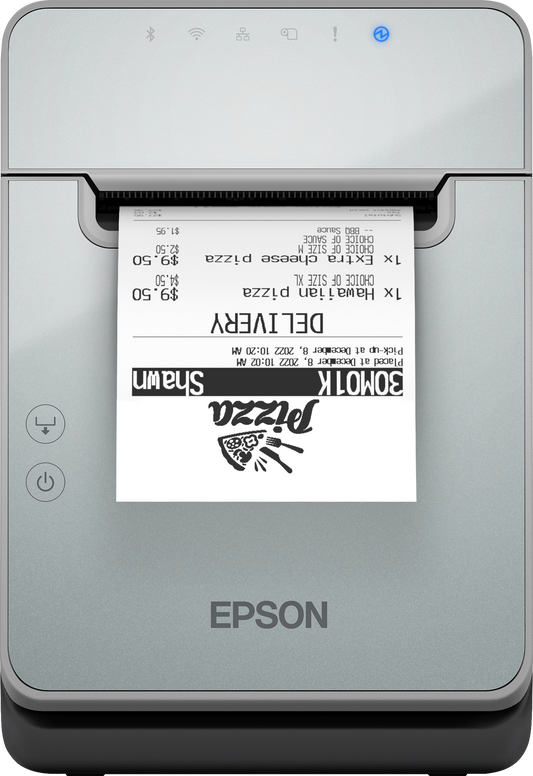 Epson TM-L100 liner-free label and receipt printer, black, USB + Ethernet + serial, UK plug (C31CJ52103A0) – front view with printed label