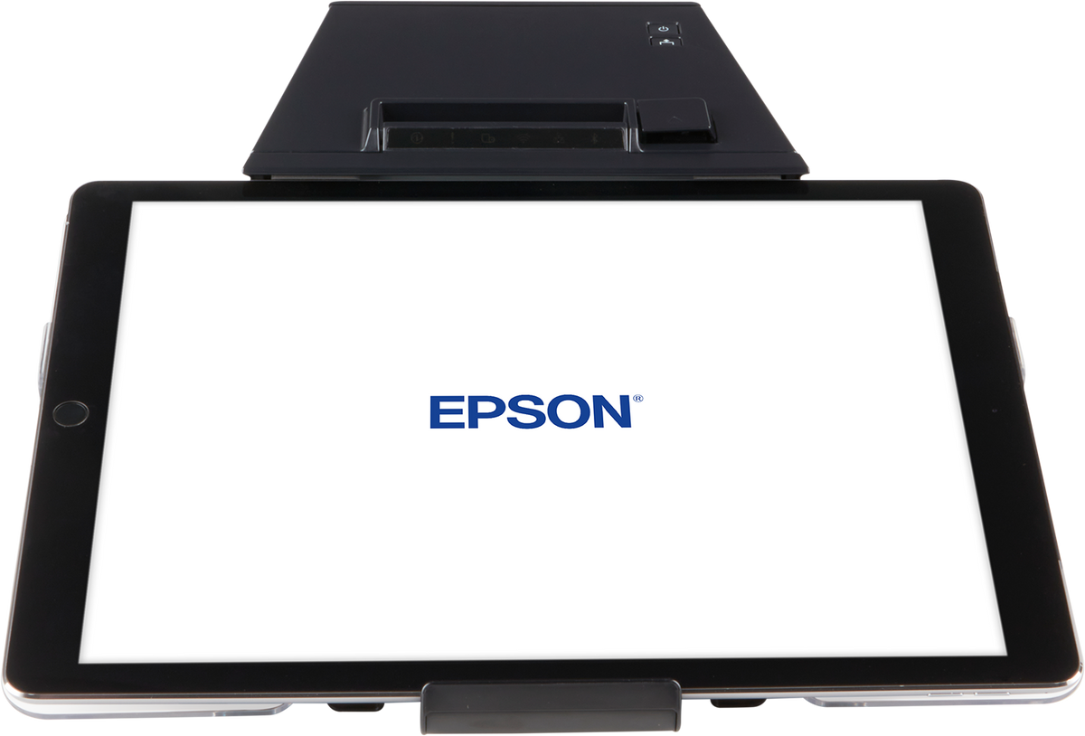 Epson TM-m30II-SL all-in-one POS receipt printer with built-in tablet mount, black (C31CH63512) – with tablet holder and tablet