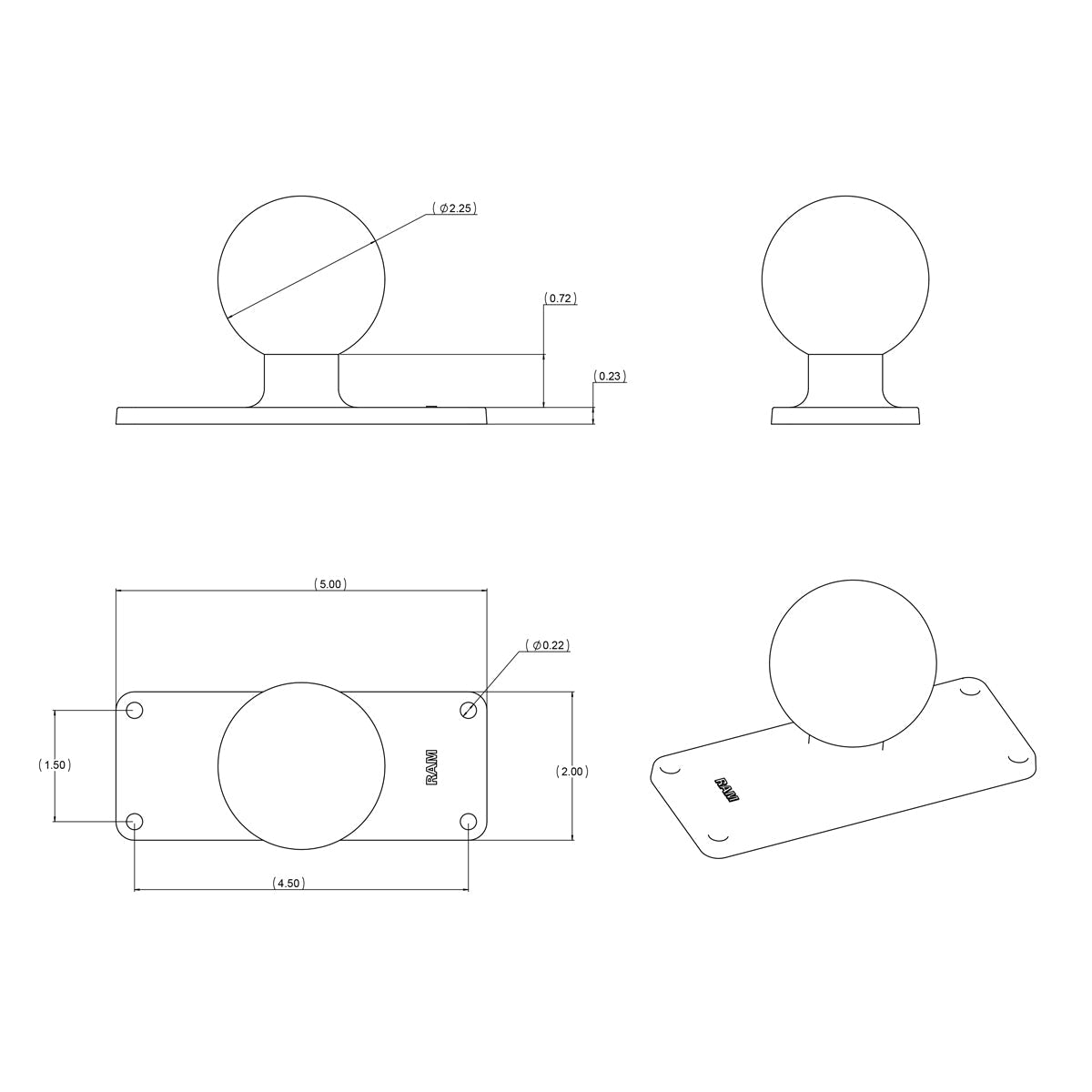 RAM Mounts D-size ball base with 1.5 x 4.5 inch hole pattern – alternative view