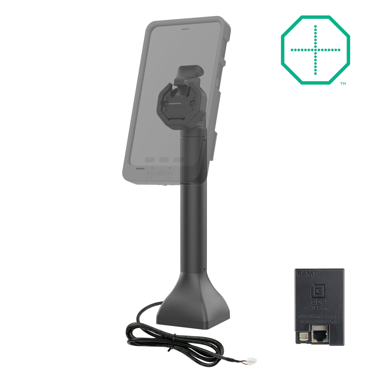 RAM Mounts GDS 14-inch pedestal dock with PoE for IntelliSkin Thin-Case tablets with rear pogo pads – alternative view