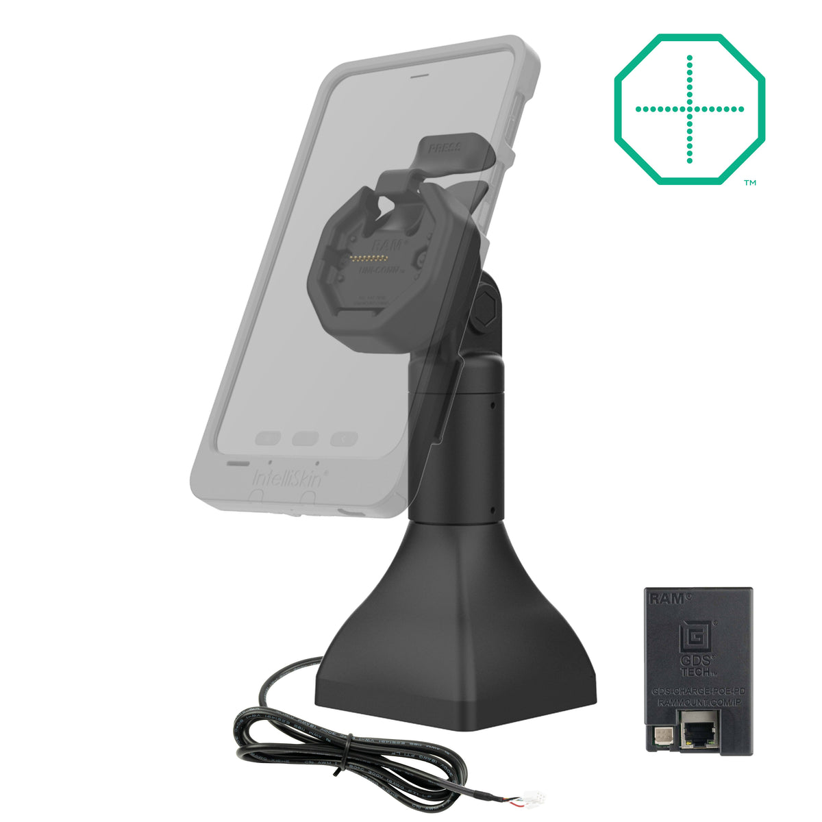 RAM Mounts GDS 7-inch pedestal dock with PoE for IntelliSkin Thin-Case tablets with rear pogo pads – alternative view