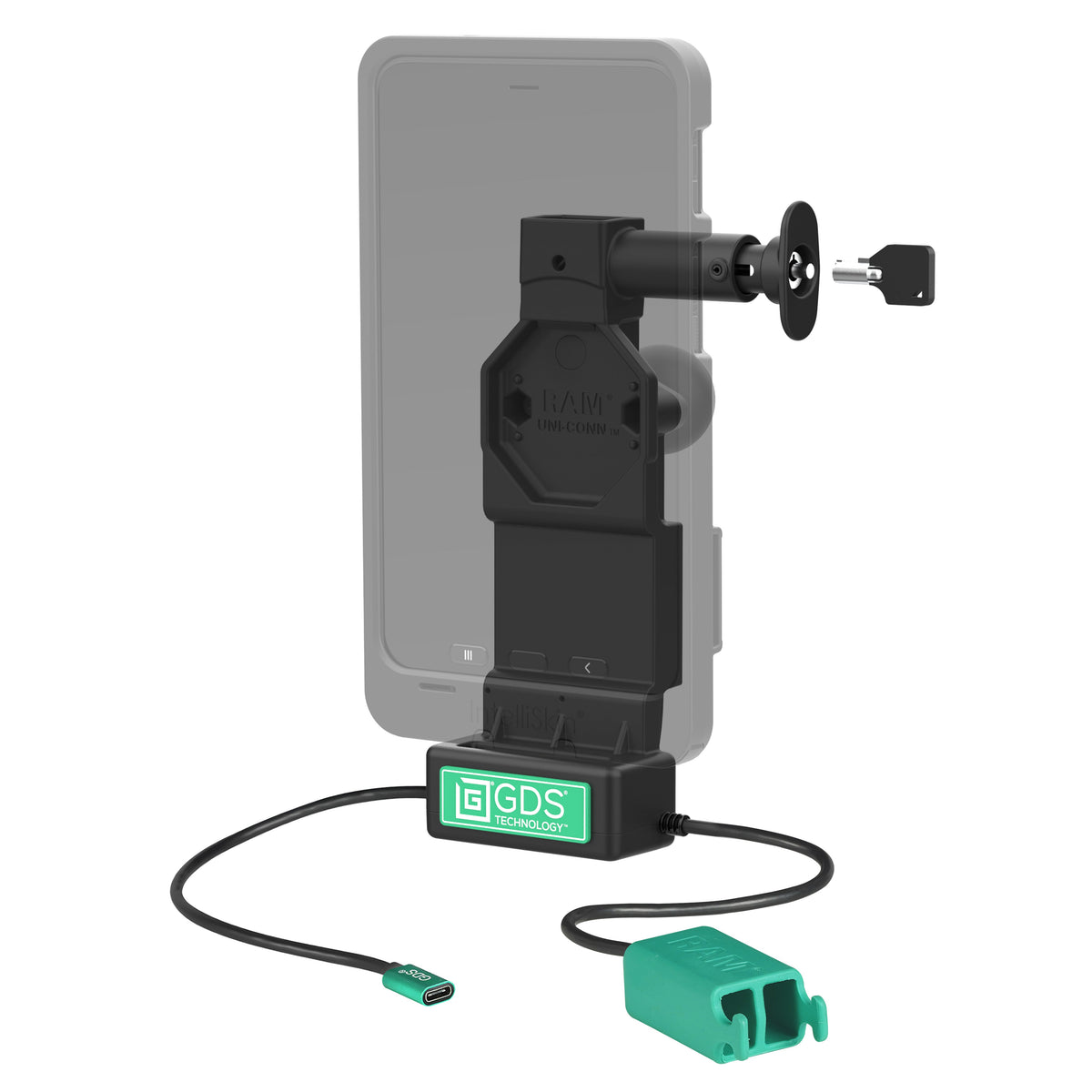 RAM Mounts GDS Uni-Conn locking tablet dock + dual USB-A with release button – alternative view