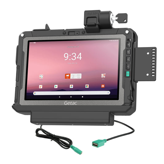 RAM Mounts key-locking power + data dock with USB-A for Getac ZX10 rugged tablet – product photo