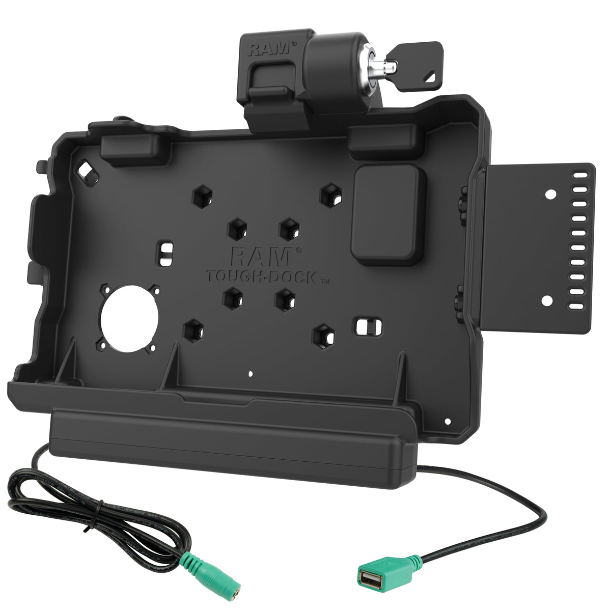 RAM Mounts key-locking power + data dock with USB-A for Getac ZX80 rugged tablet – alternative view