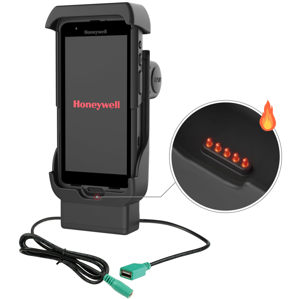 RAM Mounts powered dock + USB-a with heated pins for Honeywell CT40, CT45 and CT47 – product photo