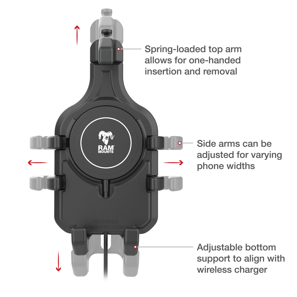 RAM Mounts Quick-Grip Pro phone holder with ball and Qi2 15 W wireless charger – another view