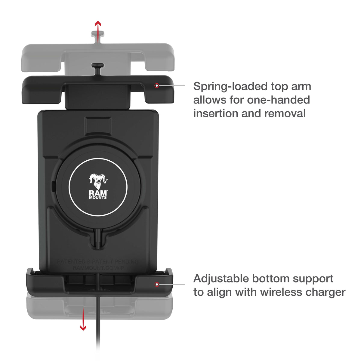 RAM Mounts Quick-Grip Pro XL phone holder with ball and Qi2 15 W wireless charger – another view