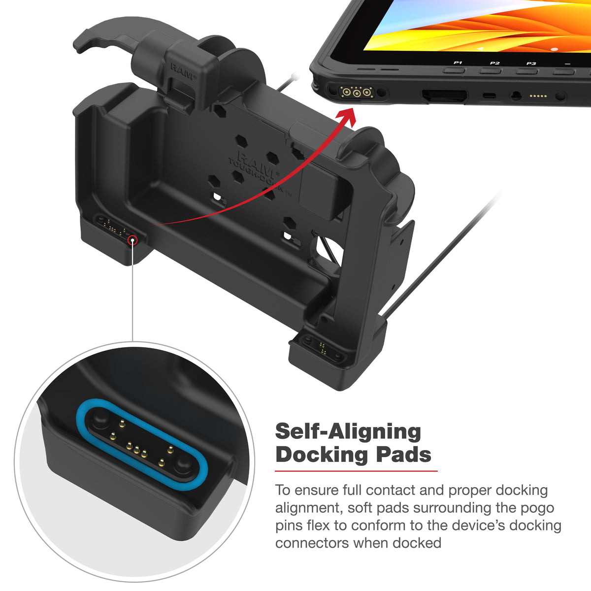 RAM Mounts Key-Locking Powered Dock with Heated Pins for Zebra ET60 and ET65 – another angle