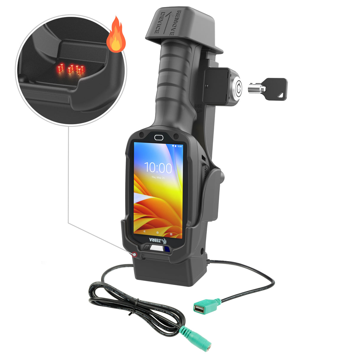 RAM Mounts key-locking Form-Fit powered dock with USB-A and heated pins for Zebra TC8300 – product photo
