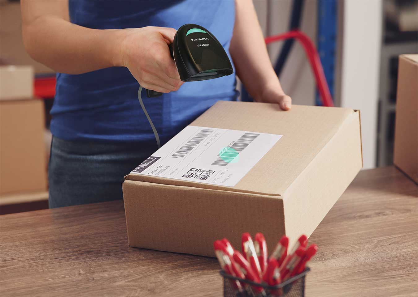 Datalogic QuickScan QD2200 Barcode Scanner in use (QD2220-BK)
