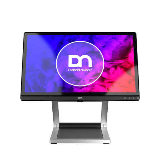 Diebold Nixdorf D1156 15.6-inch display, black, shown on optional stand