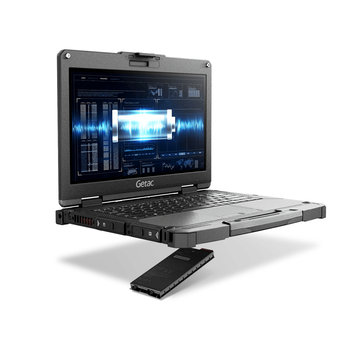 Getac B360 BM21Z4B4BDFX open with its user-removable SSD canister