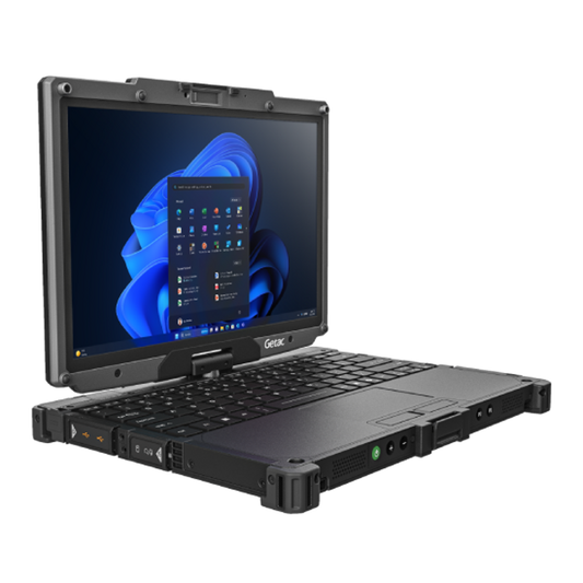 Getac V120 VV116YEDBDBA left three-quarter view showing side ports and rotating display hinge