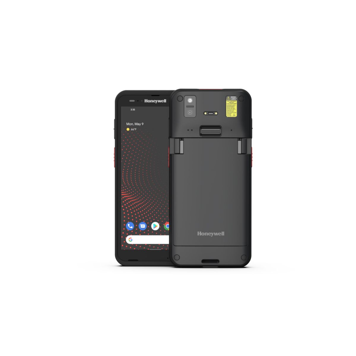 Honeywell CT70 6-inch all-touch Android mobile computer, black, FlexRange 2D imager, 5G + Wi-Fi, wireless-charging battery (CT70-X1N-058CW104G) – front and back view