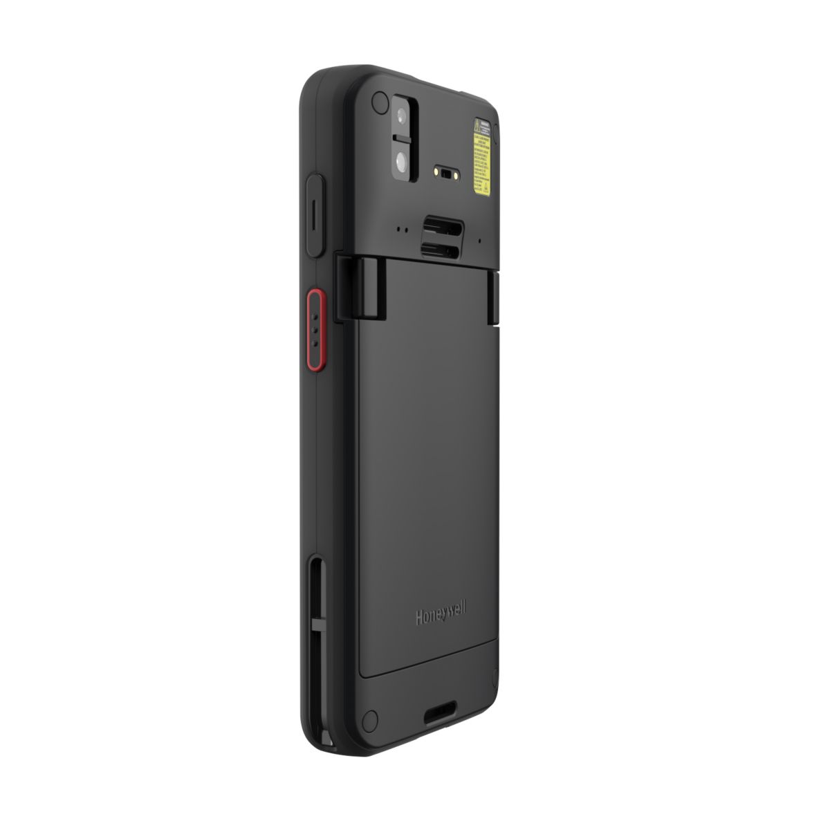 Honeywell CT70 6-inch all-touch Android mobile computer, black, FlexRange 2D imager, Wi-Fi only, standard battery (CT70-L0N-058CS104G) – angled back view